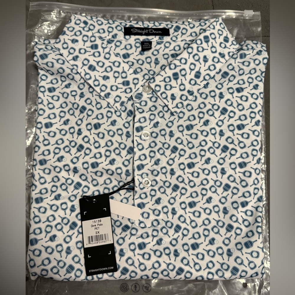 NWT Straight Down White and Blue Pickle Ball Patterned Polo Shirt Mens 2XL